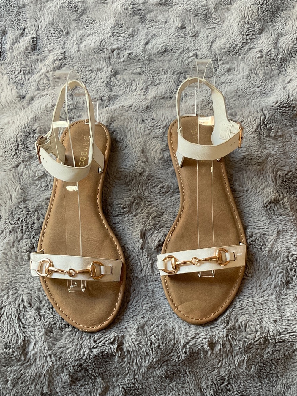 BAMBOO White Leather T-Strap Sandals with Gold Accent